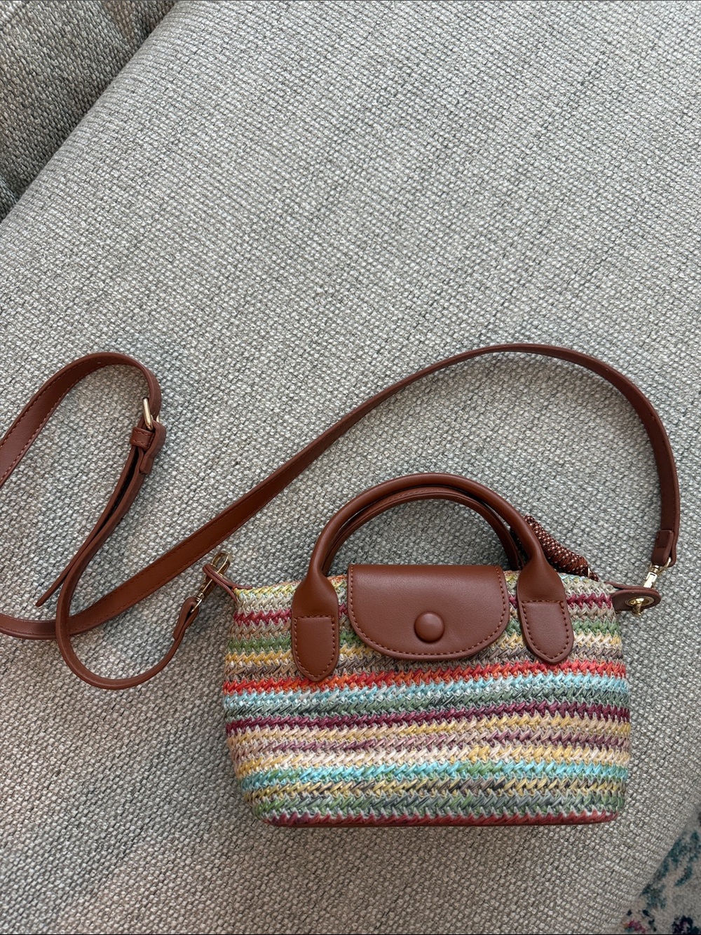 Multicolor Woven Crossbody Bag with Brown Trim